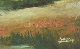 Marosán László (1955-): Dombos táj. Olaj, farost, jelzett. Dekoratív, kissé sérült fakeretben, 40x80...