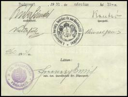 1931 Bp., a Budapesti Borbély-, Fodrász- és Parókakészítő Ipartestület által kiállított bizonyítvány...