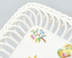 Herendi Viktória mintás fonott díszítéses tálka. Kézzel festett, jelzett, hibátlan, 17x12 cm