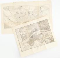 cca 1896 Buda és Pest térképe, készítette: Tomala Nándor 1836-ban + Pestnek rajzterve az 1838-dik évi vízáradat következtében munkába vett rendezésével együtt. Budapest műszaki útmutatója I.-II. tábla. Kis lapszéli szakadással, foltokkal, 42x35 cm és 57x35 cm szélén kissé sérült