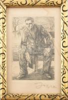 Józsa Sándor (1910-1989): Férfi könyvvel. Rézkarc, papír, jelezve jobbra lent, foltos, üvegezett fakeretben, 10×7 cm