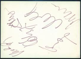 Az Omega együttes tagjainak autográf aláírása őket ábrázoló nyomtatvány hátoldalán, 14x10 cm