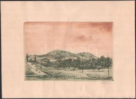 Ősz Dénes (1915-1980): Pilisi hegyek. Színes rézkarc, papír, jelzett. Lap szélén apró foltokkal. 17,5×26 cm