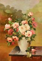 Ludvigh P jelzéssel, XX. sz elején működött magyar festő: Csendélet rózsákkal. Olaj, vászon, hátoldalán ajándékozási sorokkal 1914. évi datálással, 50×34,5 cm