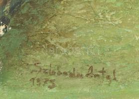 Szloboda Antal (1911-2011): Dunapart Dunaújvárosnál, 1970-es évek. Olaj, vászon, jelezve balra lent,...