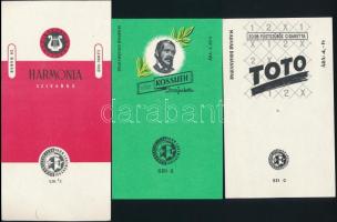 3 db retró dohányipari csomagolópapír (Harmonia szivarka, TOTO és Kossuth cigaretta), használatlan, szép állapotban, 15,5x9,5 cm és 19x9,5 cm