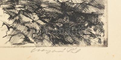 Csergezán Pál (1924-1996): Dusnoki táj. Rézkarc, karton, jelzett, foltos, hullámos, 24,5×29 cm