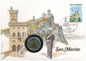 San Marino 1991. 500L Bimetál felbélyegzett borítékban, bélyegzéssel, német nyelvű leírással T:UNC  San Marino 1991. 500 Lire Bimetallic in envelope with stamp, cancellation and a prospectus in german C:UNC