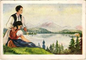 Tátra, Magas-Tátra, Vysoké Tatry; Csorba-tó. Kiadja a Magyar Nemzeti Szövetség, Don Bosco Ny. / Hungarian irredenta art postcard from Strbské Pleso (Vysoké Tatry) s: Nógrády Magda (fa)