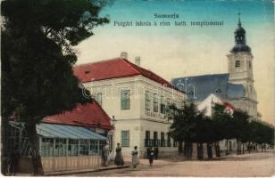 Somorja, Csallóköz-Somorja, Somorin, Samorín; Polgári iskola, Római katolikus templom, üzlet. Goldstein József kiadása / school, Catholic church, shop (Rb)