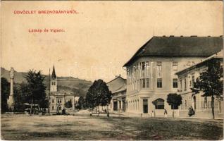 1911 Breznóbánya, Brezno nad Hronom; látkép és Vigadó, tér, templom. Kreisler József kiadása / redoute, square, church + "ZÓLYOM - BREZNÓBÁNYA 97. SZ." vasúti mozgóposta bélyegző (fl)