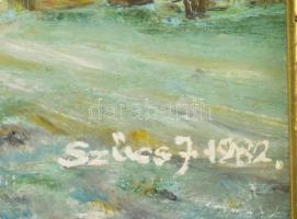 Szűcs J, jelzéssel: Házak, Olaj, farost, keretben 16x12 cm