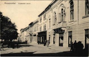 1911 Rimaszombat, Rimavská Sobota; Erzsébet tér, étterem és kávéház, Lévai Izsó üzlete és saját kiadása / square, restaurant and café, publisher's shop (EK)