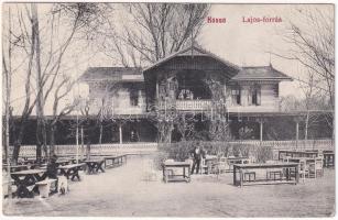 1911 Kassa, Kosice; Lajos-forrás, vendéglő. László Béla kiadása / spa, spring source, restaurant (ázott / wet damage)