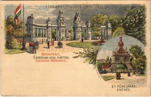 Budapest XIV. Városliget, Ezredéves Országos Kiállítás, főbejáratok, litho barna 2 Kr. Ga. s: Morelli, Dörre T. (fl)