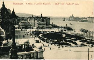 Budapest I. Kilátás a Gellérthegyről, Tabán, Döbrentei tér, Rácz fürdő, Stósz vendéglő, Keller Ignác üzlete, Czigler-féle sarok palota, villamos. Taussig A. 8702.