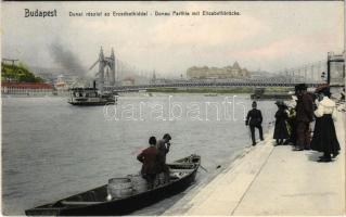Budapest, Dunai részlet az Erzsébet híddal, gőzhajó, Királyi vár