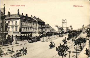 1911 Debrecen, Fő utca felső része, villamos, Központi szálloda, Neumann M. és Csanak József üzlete, Berlin biztosító, lovaskocsi (EK)