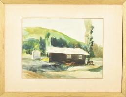 Balogh István Tuta (1927-2015): Ház a tájban. Akvarell, papír, jelzett. 28x39 cm Keretben