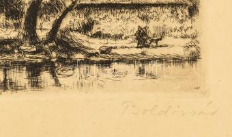 Boldizsár István (1897-1984): Malom. Rézkarc, papír, jelzett. 13x33 cm