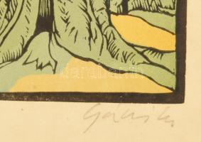 Gácsi Mihály (1926-1987): Piroska és a farkas. Linómetszuet, papír, jelzett, 32x50 cm Szélén képet n...