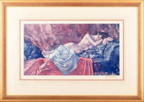 William Russell Flint (1880-1969): Alvó női akt. Nyomat, papír, jelzett. Üvegezett fakeretben. 31x57 cm/ print on paper, signed, framed,