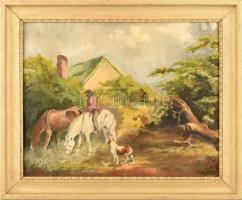Ács Ágoston jelzéssel: Vadász kutyájával. Olaj, vászon. Dekoratív fakeretben. 47x59 cm