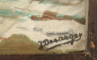 Olvashatatlan jelzéssel: Kutyával az Alpokban. Olaj, vászon. Kopott fakeretben. 35x45 cm