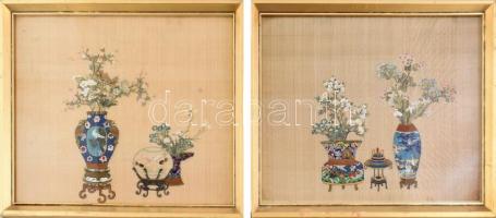 2 darab textilre festett keleties stílusú csendélet, kopott aranyozott kertben, 42x37 cm