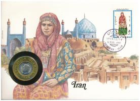 Irán 1972. 1R Cu-Ni &quot;Mohammad Reza&quot; réz &quot;Republica Islamica Iran&quot; gyűrűbe foglalva felbélyegzett borítékban, bélyegzéssel, német nyelvű tájékoztatóval T:AU Iran 1972. 1 Rial Cu-Ni &quot;Mohammad Reza&quot; in a &quot;Republica Islamica Iran&quot; brass ring in envelope with stamp, cancellation and a prospectus in german C:AU