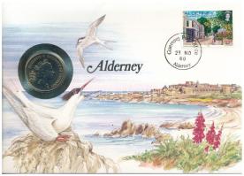 Guernsey / Alderney 1988. 10p Cu-Ni felbélyegzett borítékban, bélyegzéssel, német nyelvű leírással T:UNC patina Guernsey / Alderney 1988. 10 Pence Cu-Ni in envelope with stamp, cancellation and a prospectus in german C:UNC patina