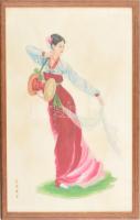 Elegáns hölgy. Távol-keleti hímzett selyem kép, XX. sz. Jelzett. Üvegezett fakeretben, 49×34 cm.