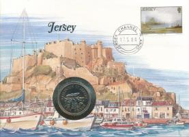 Jersey 1988. 10p Cu-Ni felbélyegzett borítékban, bélyegzéssel, német nyelvű leírással T:UNC Jersey 1988. 10 Pence Cu-Ni in envelope with stamp, with German description C:UNC