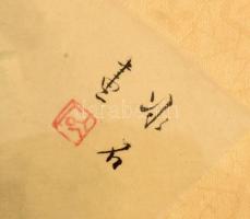 Olvashatatlan jelzéssel, távol-keleti alkotó, XX. sz: Táj alakokkal. Akvarell, selyem. Üvegezett fak...