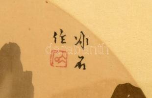 Olvashatatlan jelzéssel, távol-keleti alkotó, XX. sz: Táj. Akvarell, selyem. Üvegezett fakeretben, d...