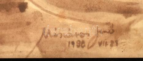 Mészáros Jenő jelzéssel: Vajdahunyad vára, Városliget. Tus, papír. Foltos. Üvegezett fakeretben, 20x...