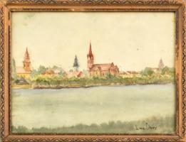 Louis Ebner jelzéssel: Vízparti város. Akvarell, papír, üvegezett fakeretben, 24x31,5 cm.