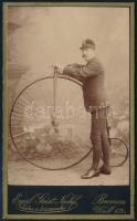 cca 1890-1900 Velocipéd kerékpár fotója, keményhátú fotó, Bremen, Emil Geist Nachfolger, 10x6 cm/ cca 1890-1900 Board photo of a penny-farthing bicycle, board photo, Bremen, Emil Geist Nachfolger, 10x6 cm