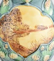 Szecessziós tájkép mintás mázas fajansz kínáló és váza pár, egész testet lefedő domború virágmintás ...