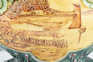 Szecessziós tájkép mintás mázas fajansz kínáló és váza pár, egész testet lefedő domború virágmintás ...