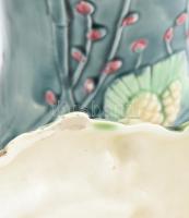 Szecessziós tájkép mintás mázas fajansz kínáló és váza pár, egész testet lefedő domború virágmintás ...