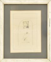 Jelzés nélkül: Szürrealista jelenet. Ceruza, papír. Üvegezett fakeretben, 16×10 cm