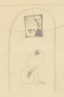 Jelzés nélkül: Szürrealista jelenet. Ceruza, papír. Üvegezett fakeretben, 16×10 cm