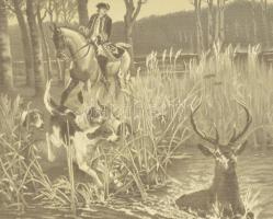 Üvegezett, dekoratív fa képkeret, vadászat témájú szövetképpel, belső méret: 25,2×29,3 cm