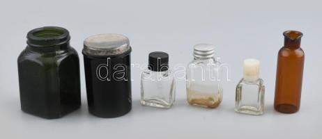 6 darab régi üvegcse, közte tintás, parfümös, gyógyszeres, m: 4,5-7 cm