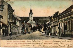 1904 Fehértemplom, Ung. Weisskirchen, Bela Crkva; Vásár utca, templom. Berthold Hepke kiadása / Markt-Gasse / street view, church (fl)