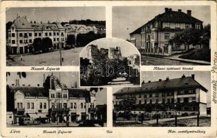 1940 Léva, Levice; Kossuth Lajos tér, Állami építészeti hivatal, autóbusz, vár, MÁV osztálymérnökség / square, castle, state architectural office, autobus (Rb)