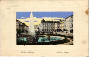 1910 Besztercebánya, Banská Bystrica; Szökőkút a főtérrel, szálloda, Holesch Árpád üzlete. Machold F. kiadása / main square, fountain, hotel, shops (ragasztónyom / glue marks)