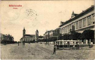 1907 Békéscsaba, Fő tér, templom, motor, kisvasút, városi vasút. Corvina könyvkereskedés kiadása (Rb)