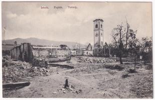 Rimakokova, Kokava nad Rimavicou; iskola, paplak és templom torony romjai az 1911. augusztus 3-i tűz...